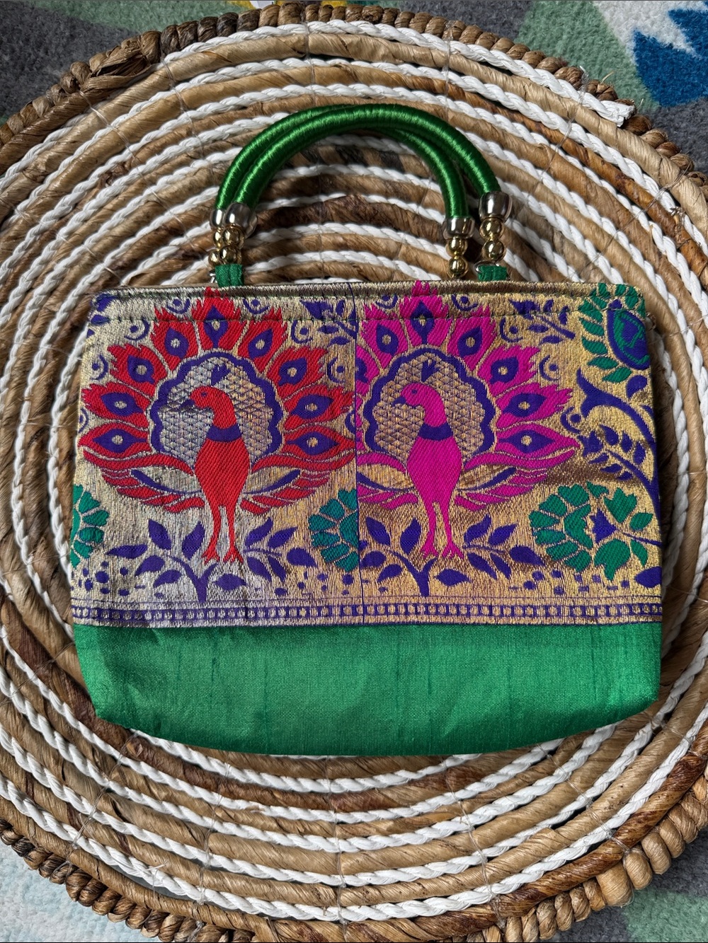 Handbag with Multicolor Peacock Jacquard